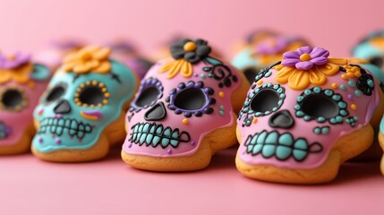 A pattern of sugar skull shaped cookies decorated with colorful icing and flowers, dia de los muertos theme on a pink background, top view
