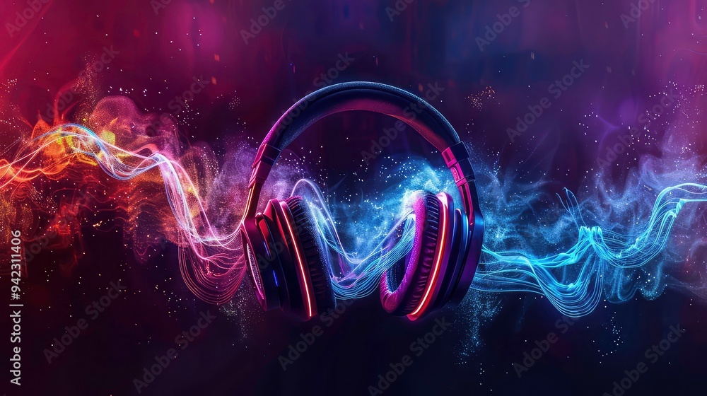 Poster Headphones with glowing abstract lines and particles.