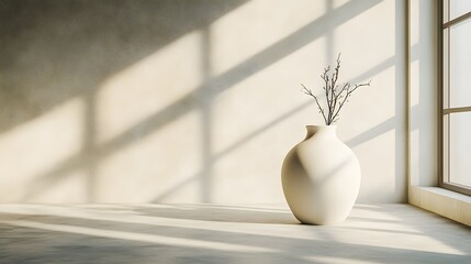 Pure white vase, centered in an expansive, featureless space, its form a stark contrast against the emptiness, emphasizing simplicity and serenity