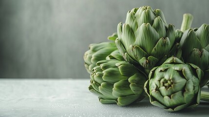Obraz premium Artichokes glisten with dew on a white table, highlighting their vibrant green hues and natural beauty.