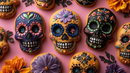 A pattern of sugar skull shaped cookies decorated with colorful icing and flowers, dia de los muertos theme on a pink background, top view