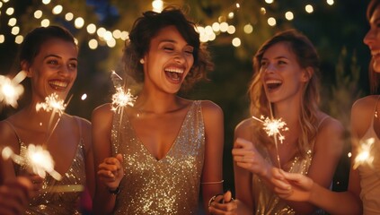 A group of joyful women in glamorous, glittering dresses celebrate at a night garden party, smiling and laughing as they use sparklers. The warm and festive atmosphere exudes joy and happiness