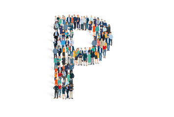 Illustration vectorielle représentant la lettre P de l'alphabet constituée d'une foule de personnages d'âge, de races et de sexes différents