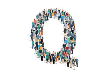 Illustration vectorielle représentant la lettre Q de l'alphabet constituée d'une foule de personnages d'âge, de races et de sexes différents