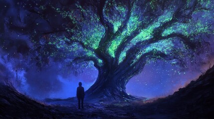 Mysterious Glowing Tree with a Lone Figure in a Starry Night