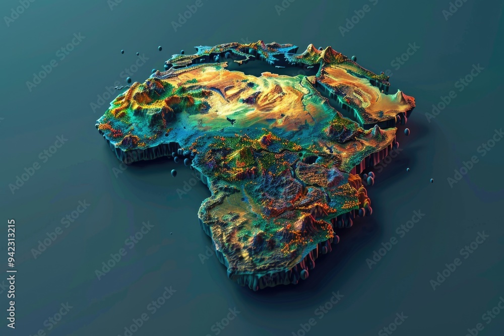 Poster computer-generated map of africa continent with various features and details
