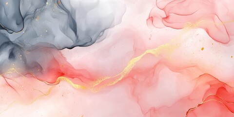 Fototapeta premium This composition presents a minimalist abstract watercolor background that showcases gentle and flowing clouds in hues of red, gray, and gold. It is ideal for numerous creative projects and endeavors