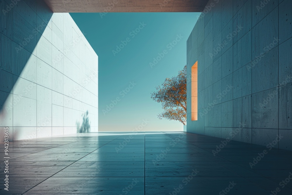 Poster a minimalist interior space with a single tree standing in the center