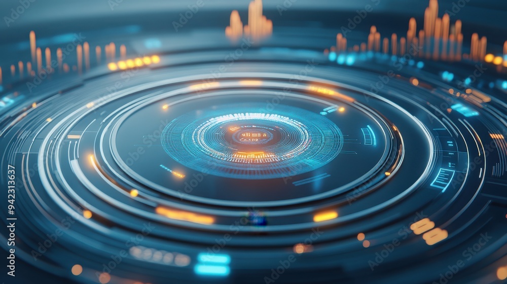 Poster futuristic digital interface with vibrant circular elements and glowing accents, representing techno