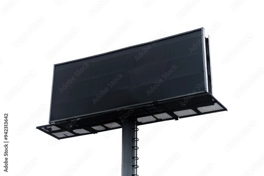 Poster a large screen tv sits atop a metal pole in a unique display