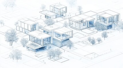 Blueprint Sketch of Modern Residential Complex with Trees and Landscaping