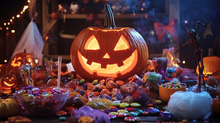A table covered with Halloween candy, surrounded by spooky decorations, capturing the excitement of Halloween night.