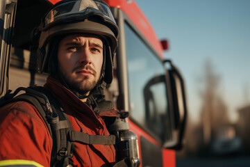 Obraz premium Young firefighter in red protective gear standing beside a fire truck, looking focused and ready for action in the early morning light