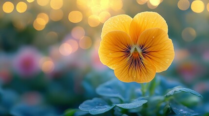 A Single Yellow Pansy Flower with Water Droplets