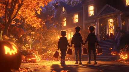 Trick-or-treaters holding out their bags, eagerly awaiting candy from a neighbor, perfect for illustrating the joy of Halloween traditions.