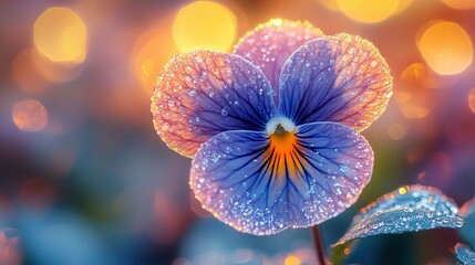 Dew-Covered Pansy Flower with Blurry Background