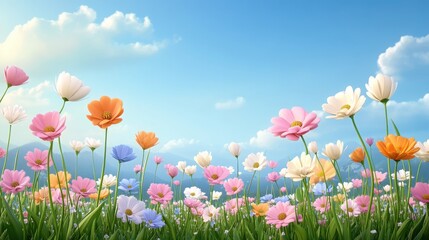 Fototapeta premium A vibrant field of flowers under a clear blue sky, showcasing various colors and types, perfect for nature and spring themes.