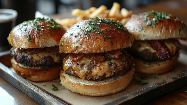 Close-up of Three Mini Cheeseburgers with Bacon and Parsley