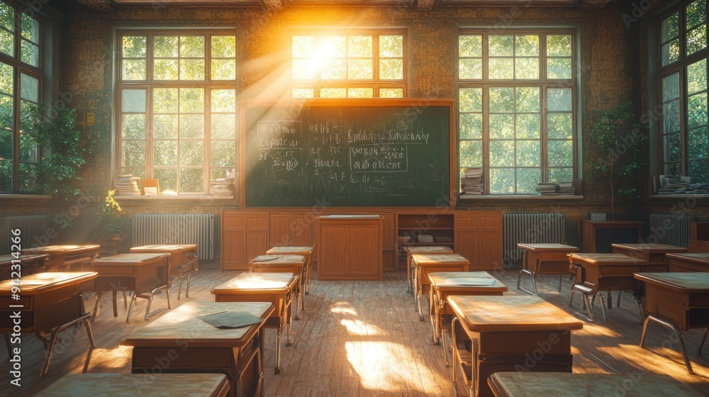 Poster empty classroom with sunlight streaming through windows
