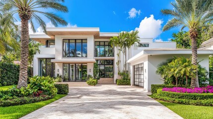 Fototapeta premium Modern Tropical House Exterior with Palm Trees and Landscaped Garden