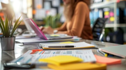 Administrative assistant, side view, with office supply list on table in office generative ai