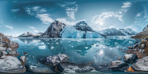 panoramic view of Glacier in Patagonia, Chile, the serene, icebergs floating, blue waters reflecting the towering glacier and surrounding rugged mountains under a bright