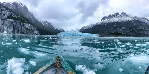 panoramic view of Glacier in Patagonia, Chile, the serene, icebergs floating, blue waters reflecting the towering glacier and surrounding rugged mountains under a bright