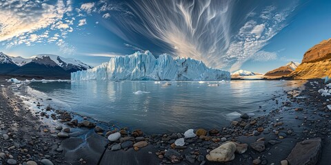 panoramic view of Glacier in Patagonia, Chile, the serene, icebergs floating, blue waters reflecting the towering glacier and surrounding rugged mountains under a bright