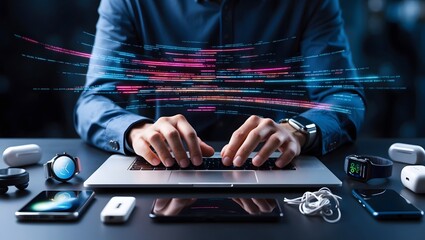 A tech-savvy individual engaged in digital work, surrounded by modern devices. The vibrant data streams symbolize connectivity in today's digital era.