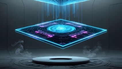 A vibrant, floating holographic display with intricate circuitry design, set in a mysterious sci-fi room, emphasizing technology and innovation.