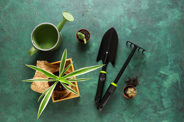 Gardening supplies with shovel, rake and watering can on green grunge background. Top view