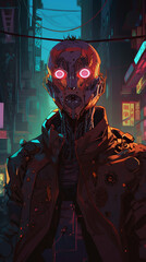 A close-up of a cybernetic character with glowing eyes, standing in a dark alleyway. Metallic and colorful decoration in the back, there's a red background behind the figure. The scene