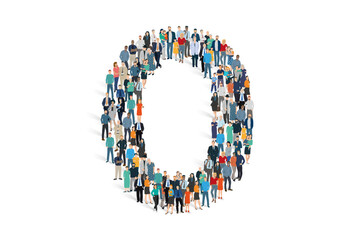 Illustration vectorielle représentant la lettre O de l'alphabet constituée d'une foule de personnages d'âge, de races et de sexes différents