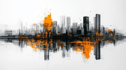 An abstract watercolor painting vividly depicting a bustling cityscape infused with vibrant black and orange hues, which beautifully reflect the dynamic life and energy found in an urban environment