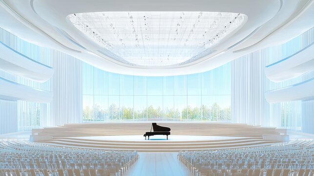 Modern Concert Hall Interior with Grand Piano and Empty Seats