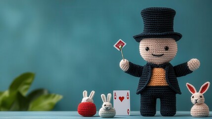 Cute crochet amigurumi magician with a top hat and a tiny wand, surrounded by mini crochet magic props like cards and a rabbit, magician amigurumi, entertainment occupation crochet