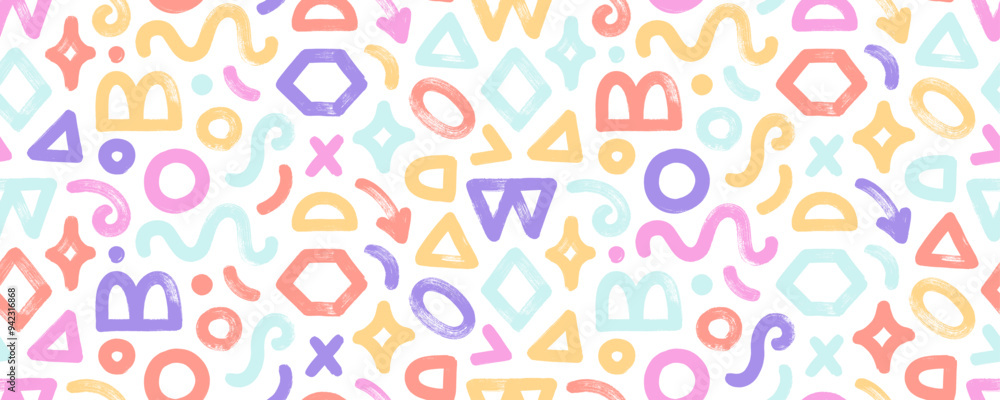 Poster colorful seamless pattern with basic geometric shapes and figures in kid's doodle style.