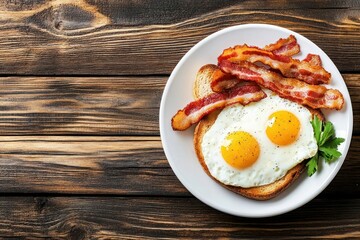 A plate of sunny-side-up eggs, bacon, and toast on a wooden background-gigapixel-hq-scale-6_00x
