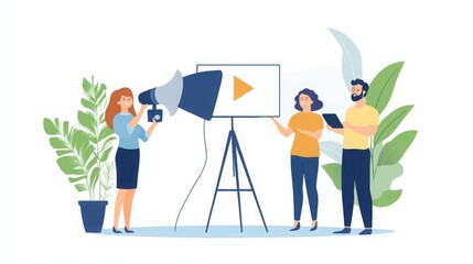 Creative team collaborating on a project presentation using a megaphone and digital display.