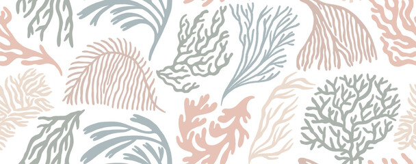 Pastel colored coral reef or seaweeds vector seamless pattern. Hand drawn linear underwater plants, naive corals and algae. Seamless banner design with trendy Matisse style curly seaweeds. © Anastasiia Hevko