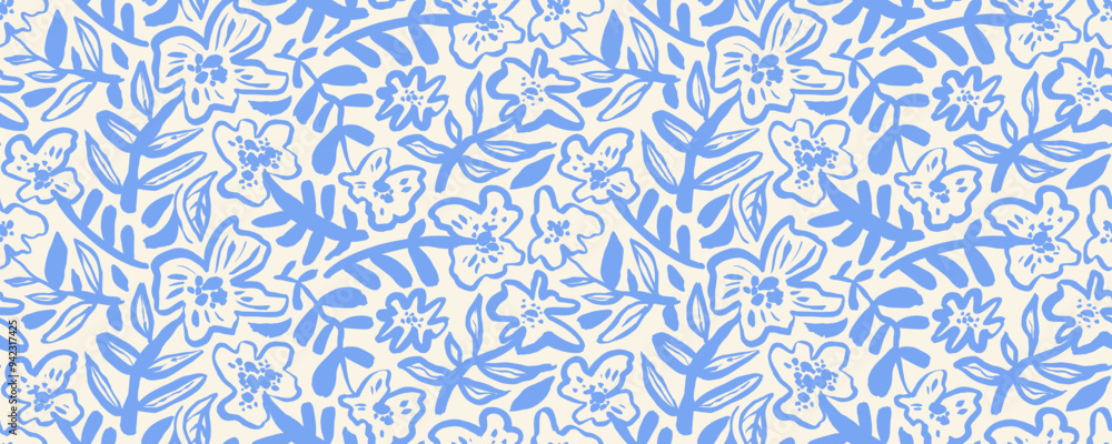 Poster naive style seamless pattern with brush drawn blue flowers. chamomile, daisy or poppy with stems. ki