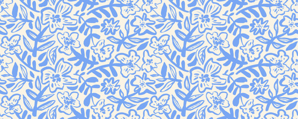 Naive style seamless pattern with brush drawn blue flowers. Chamomile, daisy or poppy with stems. Kid doodle floral drawing in naive or primitive style. Abstract childish simple drawing.
