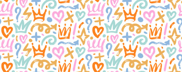 Brush drawn multi colored doodle shapes seamless pattern.