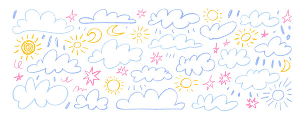 Various pastel colored outlined crayon clouds, sun, moon, stars and squiggles in kid's style.