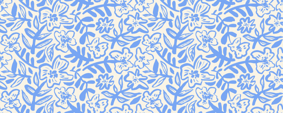 Naive style seamless pattern with brush drawn blue flowers. Chamomile, daisy or poppy with stems. Kid doodle floral drawing in naive or primitive style. Abstract childish simple drawing.