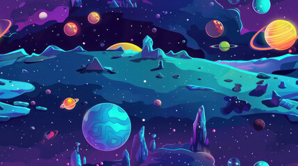 a horizontal map game scene, space universe, magnificent, detail handled very carefully, 