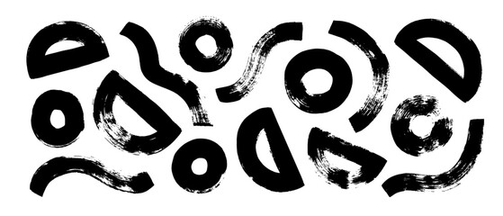 Abstract geometric vector shapes drawn with a bold brush. Thick rough semicircles, circles and wavy lines.