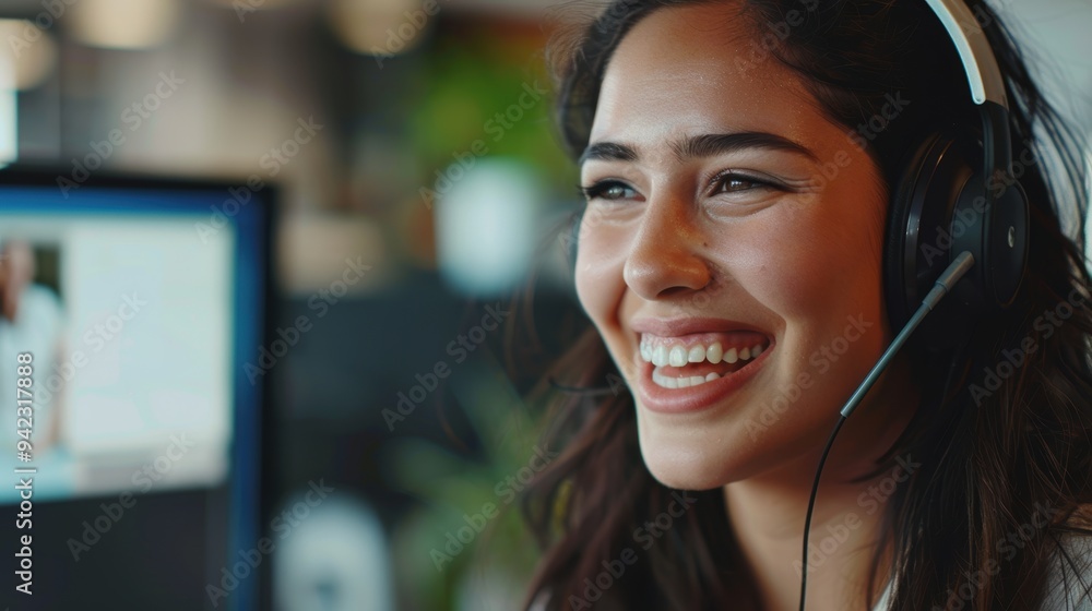 Poster woman in headset assisting clients online, working from home for customer service. smiling while eng