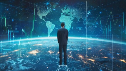 Businessman on top of the world, with financial charts and graphs generative ai