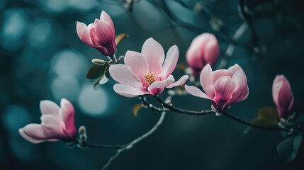 Pink magnolia flowers blooming in spring garden